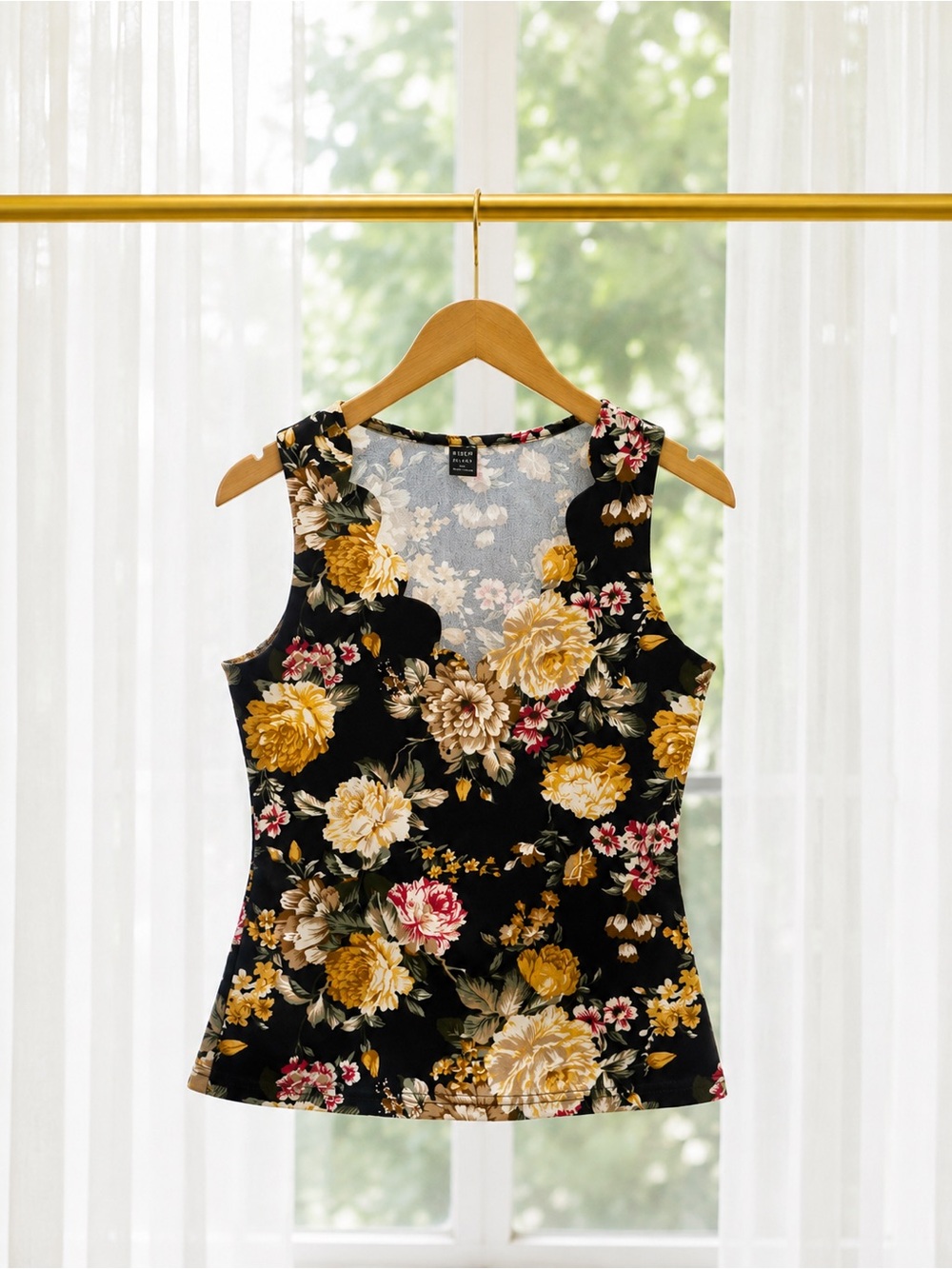SHEIN Black Floral Tank Top with Gold & Pink Accents